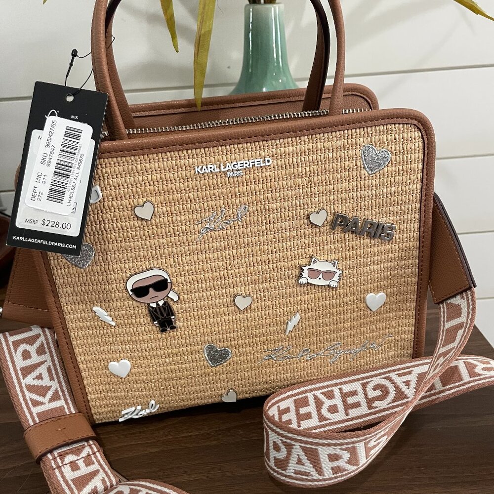 Karl Lagerfeld Maybelle Straw Satchel with pins NWT - Unique, discontinued